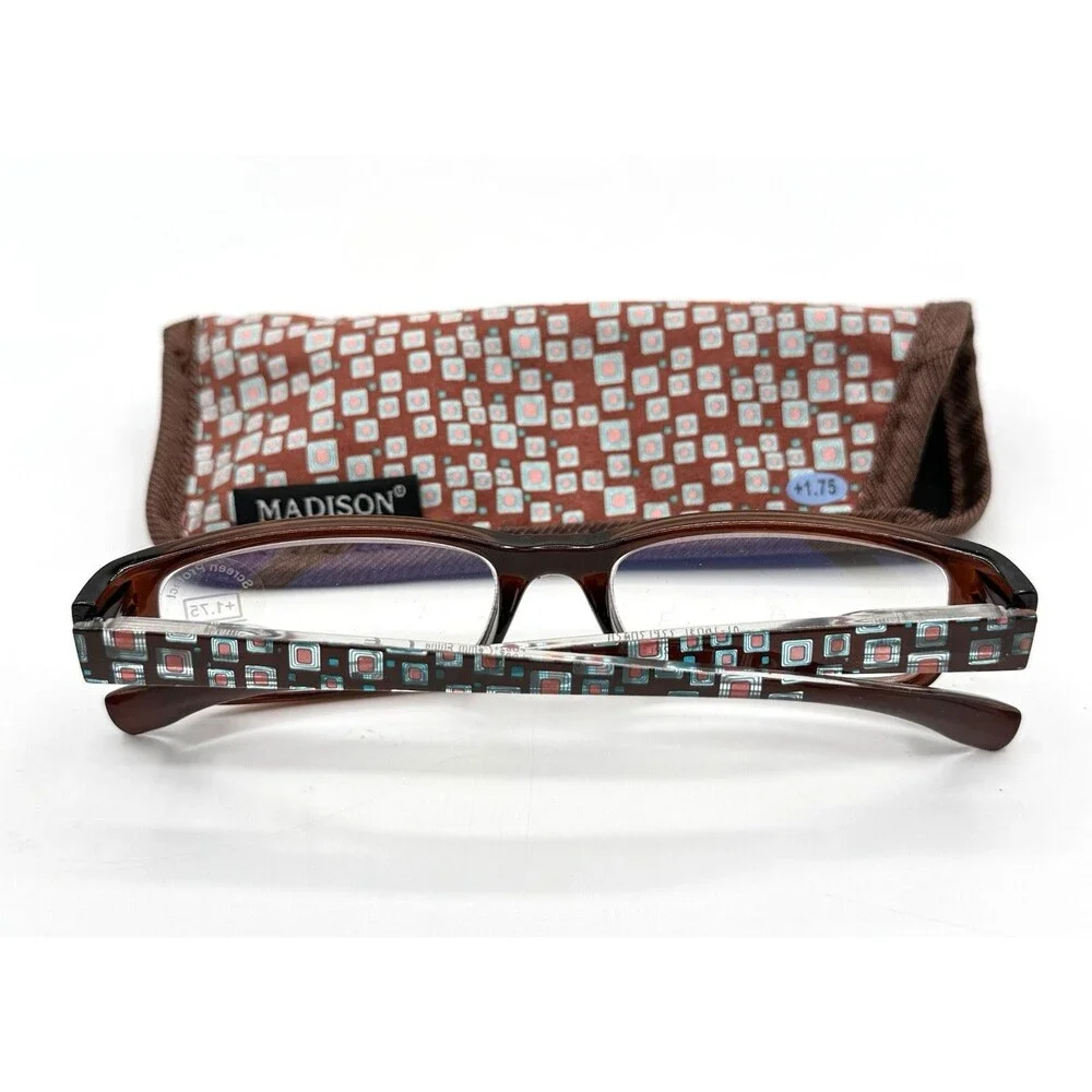 Madison Avenue +1.75 Adult Reading Glasses With Blue Blocker, Case Patterned NEW